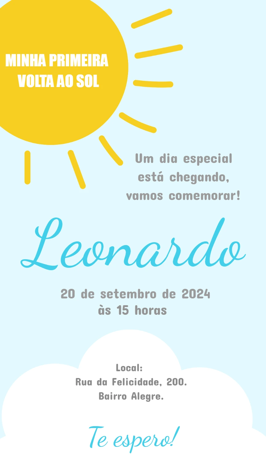 Convite de Aniversário 1 Ano Volta ao Sol para Editar Online