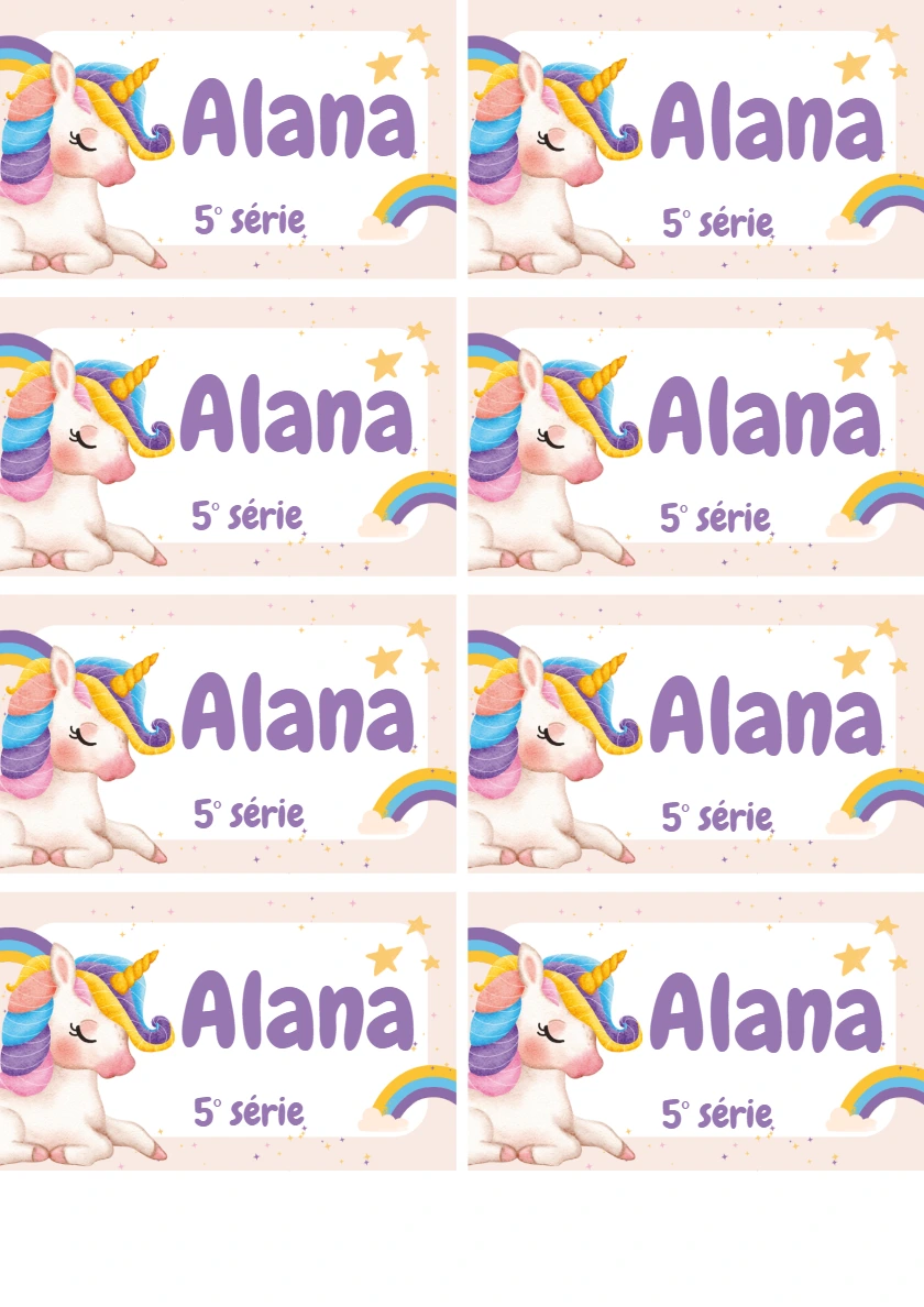 Etiqueta Escolar de Unicórnio Fofo para Editar e Imprimir