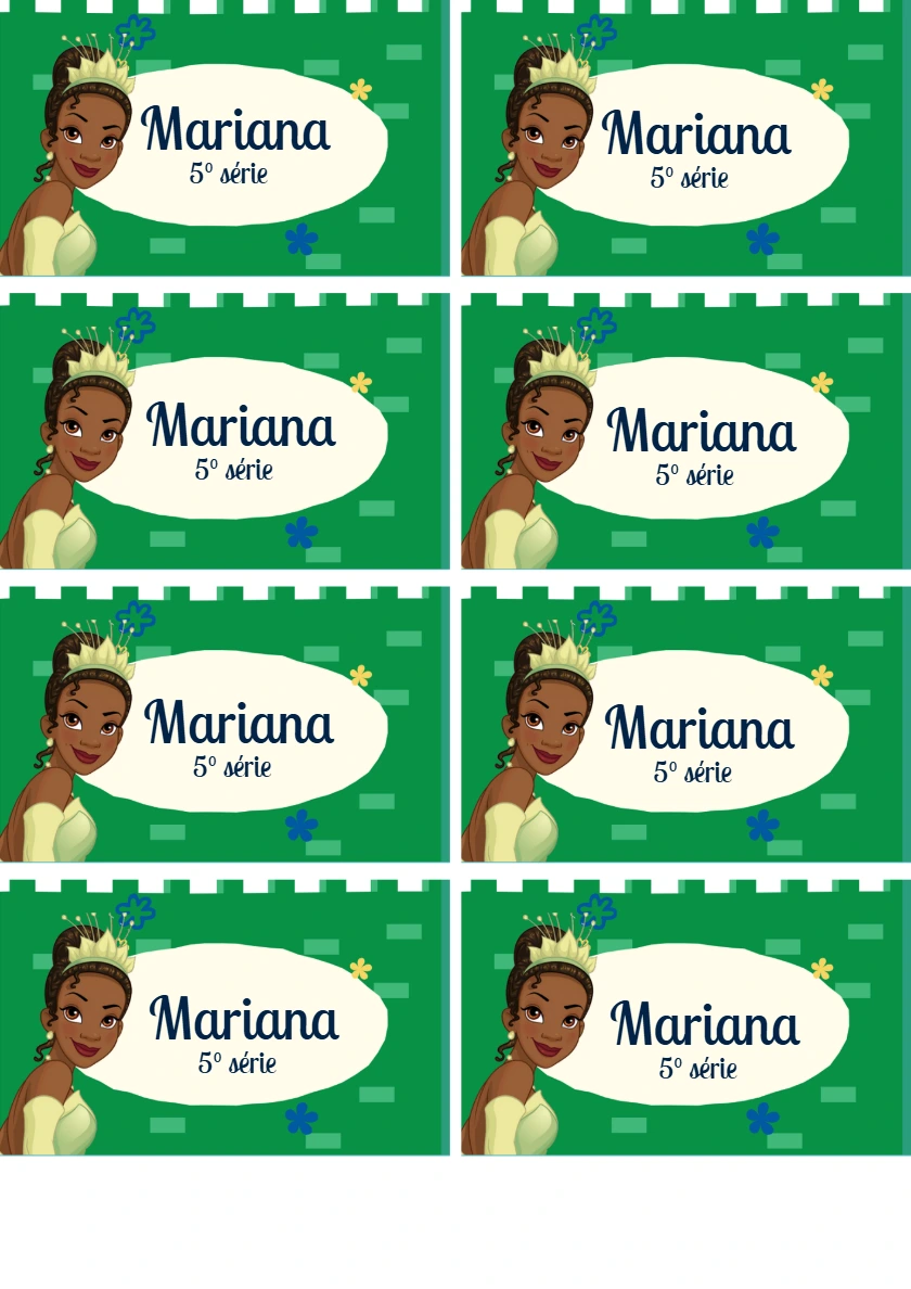 Etiqueta Escolar Princesa Tiana para Editar e Imprimir