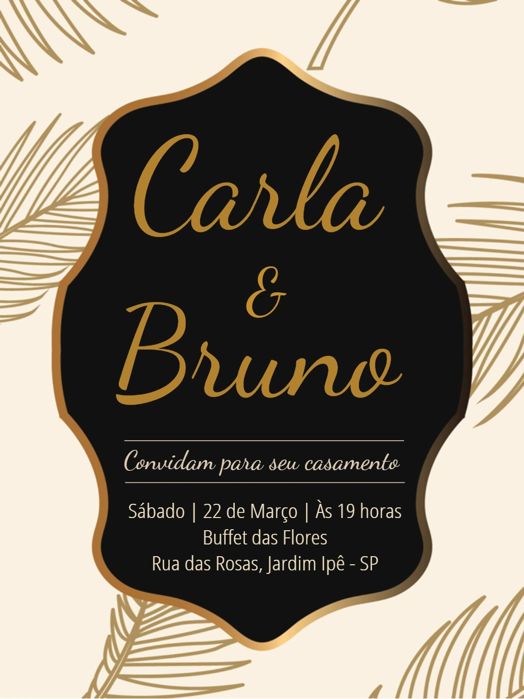 Convite de Casamento Elegante com Folhas Douradas para Editar Online
