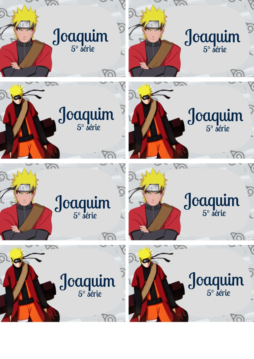 Etiqueta Escolar do Naruto para Editar e Imprimir Online