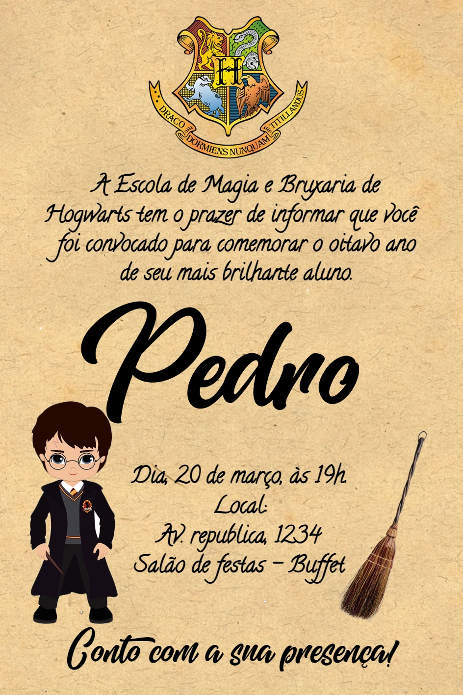 Convite Aniversário Harry Potter Carta de Hogwarts para Editar