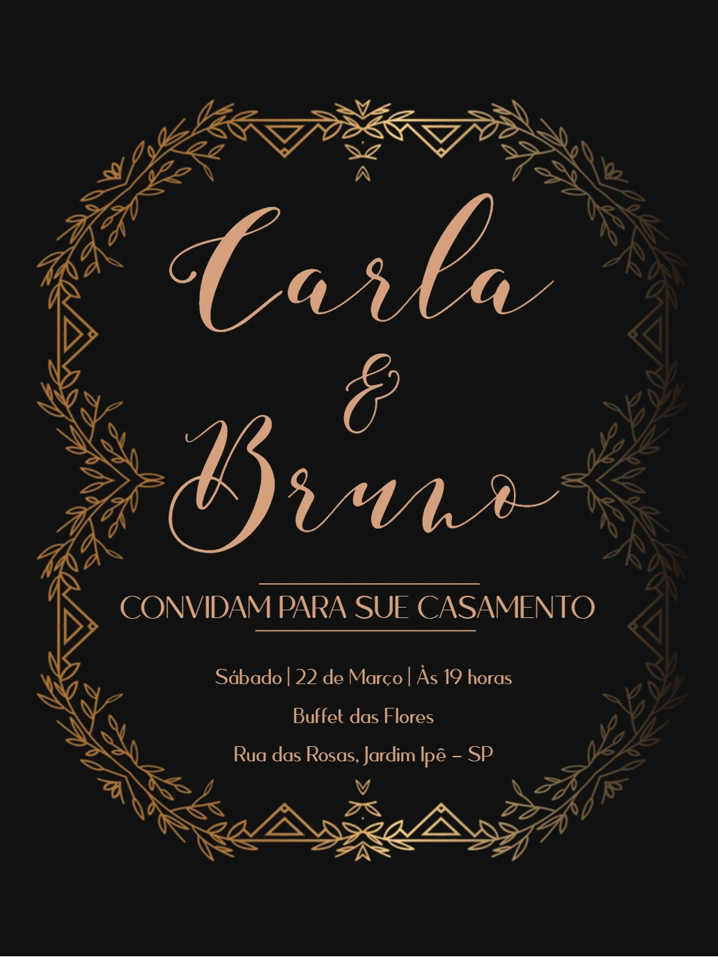 Convite de Casamento Ramos Dourados para Editar Online