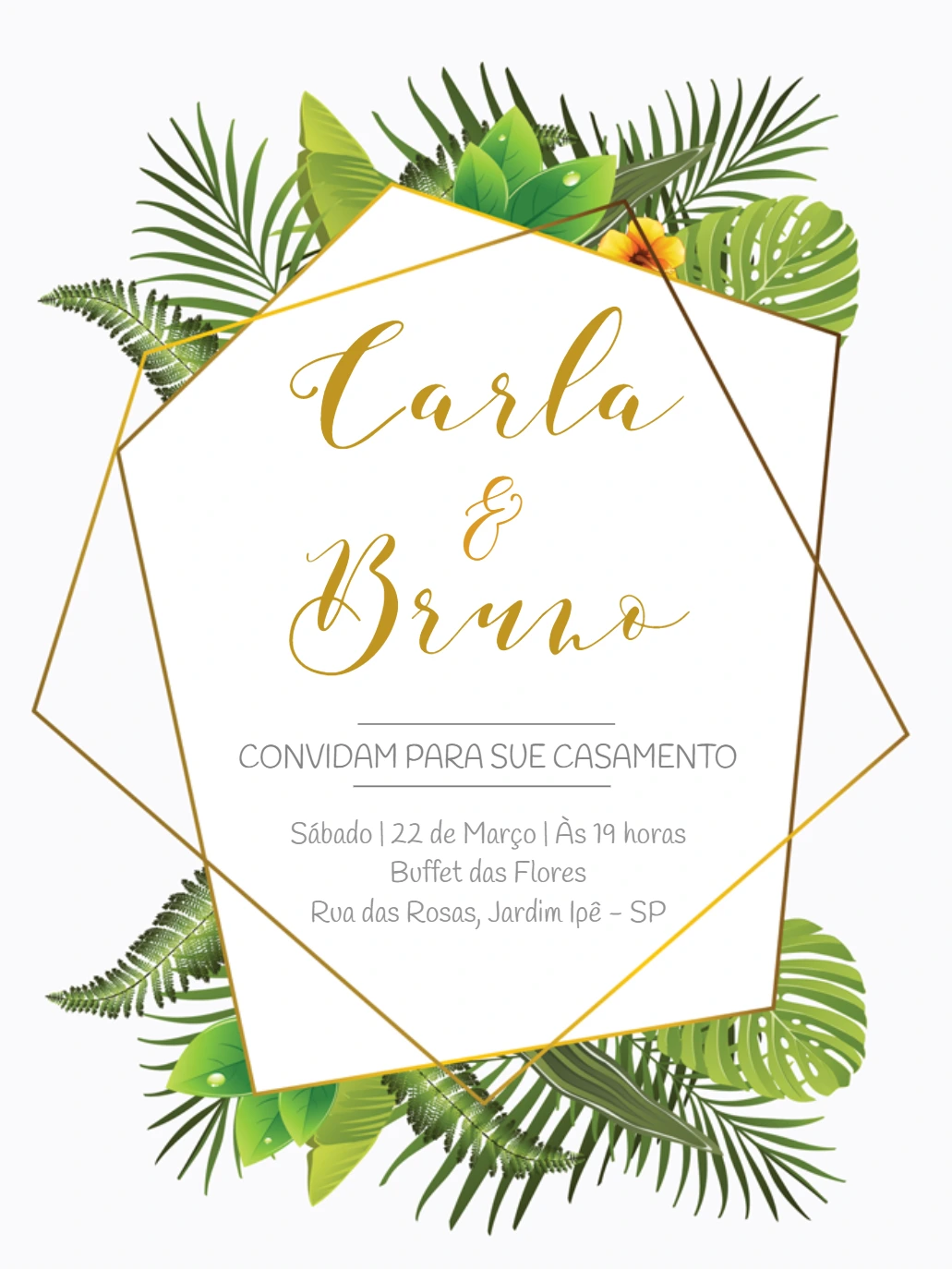 Convite de Casamento Tropical com Folhagens para Editar Online