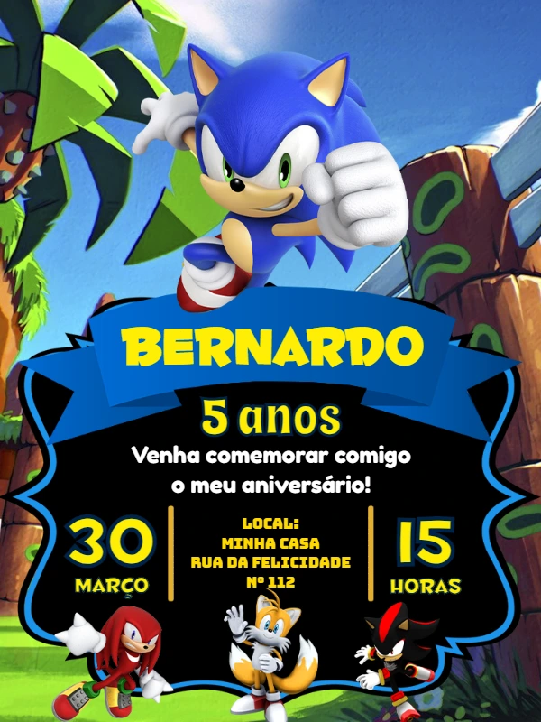 Convite de Aniversário Sonic com Personagens para Editar
