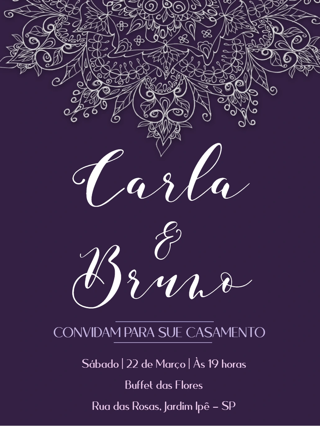 Convite de Casamento Mandala Roxo para Editar Online