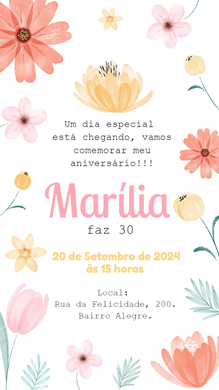 Convite de Aniversário Floral Aquarela para Editar Online