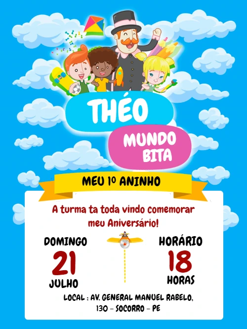 Convite Aniversário Mundo Bita com Personagens para Editar Online