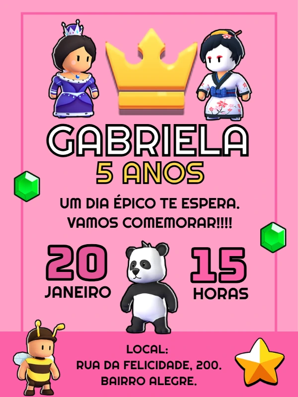 Convite de Aniversário Stumble Guys Rosa para Editar Online