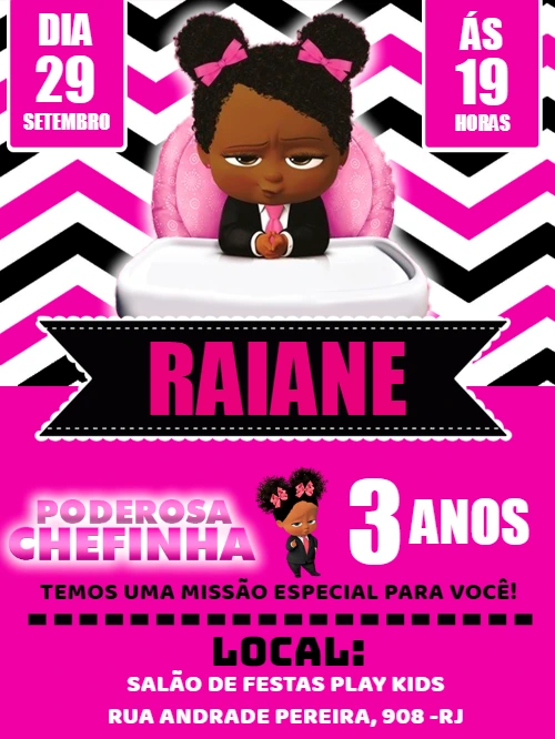 Convite Aniversário Poderosa Chefinha Negra para Editar Online