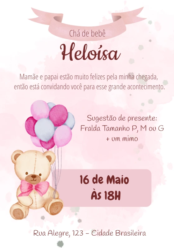 Convite Chá de Bebê Ursinha com Balões para Editar Online