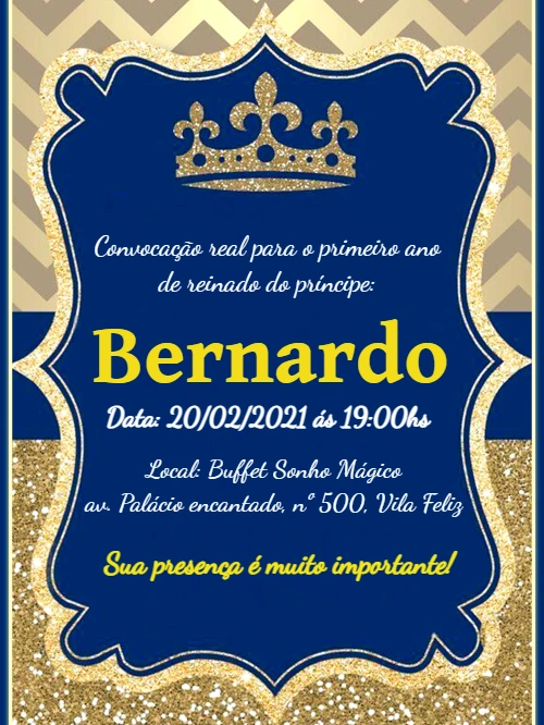 Convite Aniversário Realeza Príncipe Glitter para Editar Online