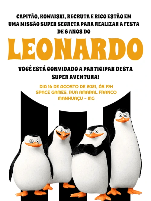 Convite Aniversário Pinguins de Madagascar para Editar Online