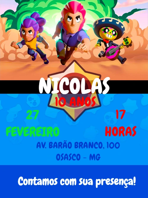 Convite de Aniversário Brawl Stars com Personagens para Editar