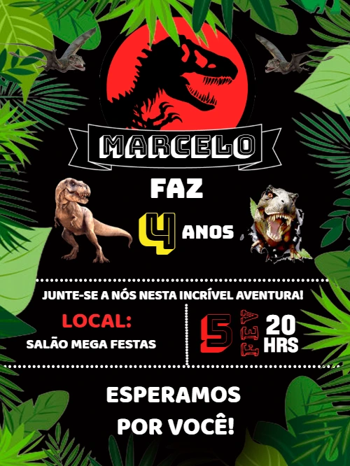 Convite Aniversário Jurassic Park com Dinossauros para Editar