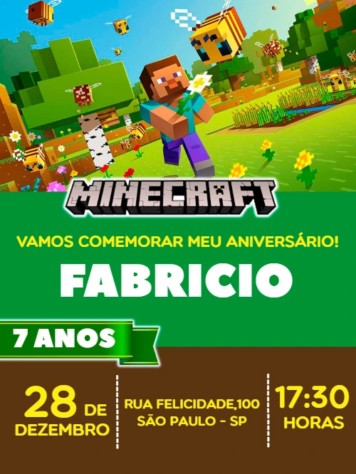Convite de Aniversário Minecraft com Personagens para Editar Online