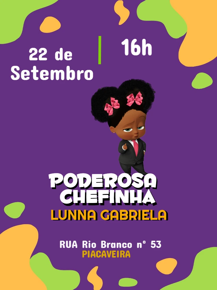 Convite Aniversário Poderosa Chefinha Negra para Editar Online
