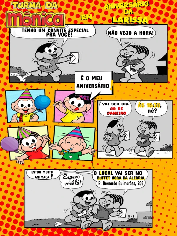 Convite de Aniversário Turma da Mônica Quadrinhos para Editar