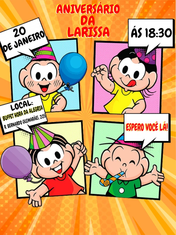 Convite Aniversário Turma da Mônica Quadrinhos para Editar Online