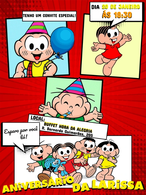 Convite Aniversário Turma da Mônica Quadrinhos para Editar