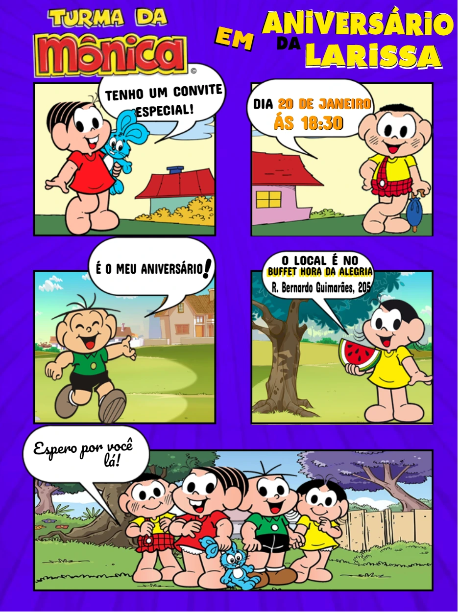 Convite Aniversário Turma da Mônica Quadrinhos para Editar Online