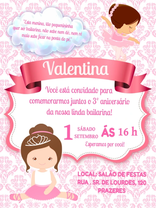 Convite de Aniversário Bailarina Delicada para Editar Online
