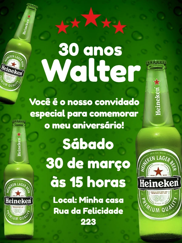 Convite de Aniversário Heineken para Editar e Imprimir