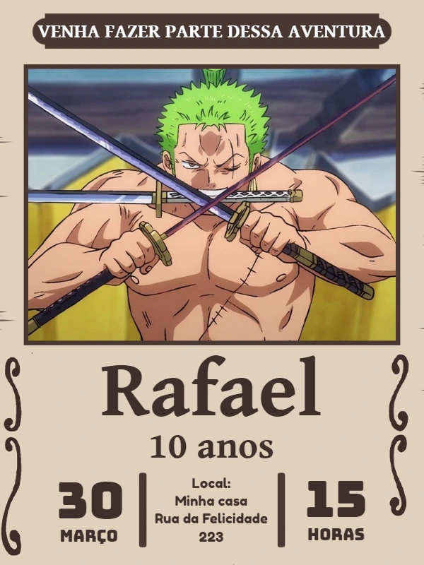 Convite Aniversário One Piece Zoro Wanted para Editar