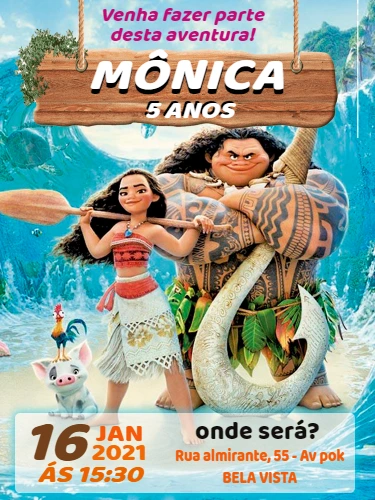 Convite de Aniversário Moana com Personagens para Editar