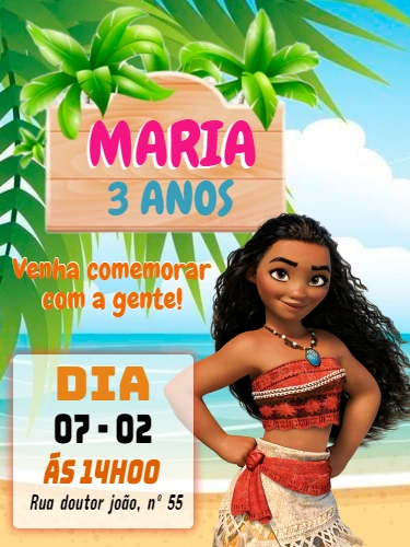 Convite de Aniversário Moana Editável Online para Imprimir