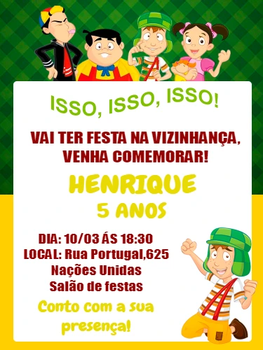 Convite de Aniversário da Turma do Chaves Editável Online