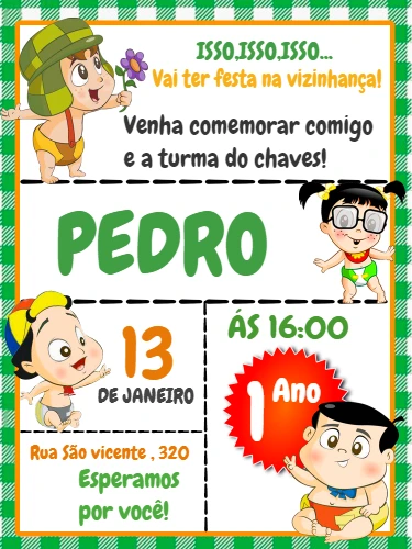Convite Aniversário Chaves Baby para Editar Online