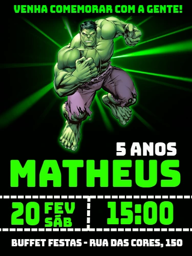 Convite de Aniversário Hulk Editável para Imprimir
