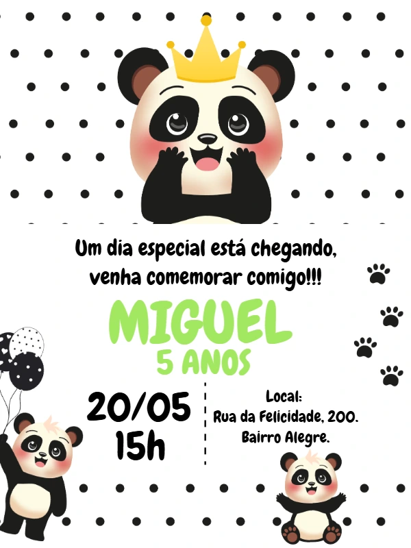 Convite de Aniversário Tema Panda Príncipe Editável Online