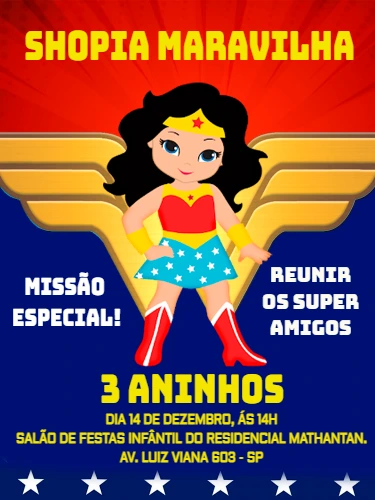 Convite Aniversário Mulher Maravilha para Editar Online
