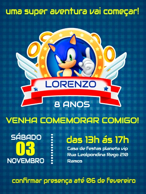 Convite de Aniversário Sonic para Editar e Imprimir