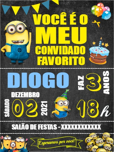 Convite de Aniversário Minions para Editar Online