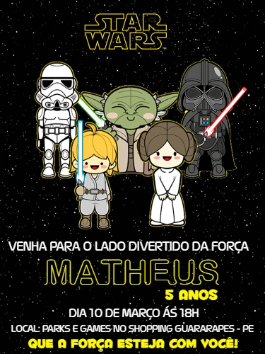 Convite Aniversário Star Wars com Personagens para Editar Online