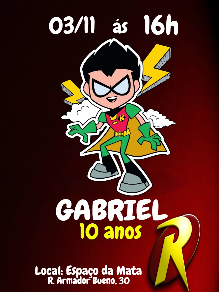 Convite Aniversário Robin Jovens Titãs para Editar Online