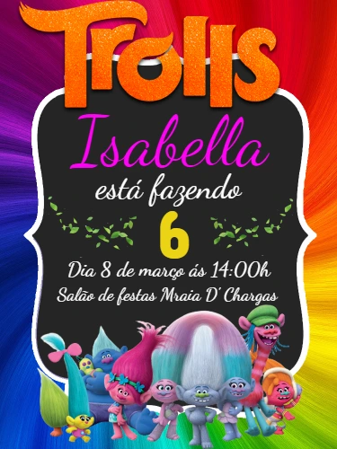 Convite de Aniversário Trolls com Personagens para Editar Online