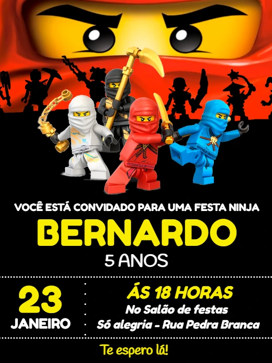 Convite de Aniversário NinjaGo com Personagens para Editar
