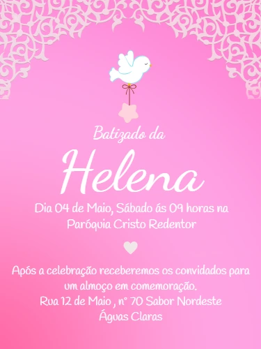 Convite de Batizado Rosa com Pomba para Editar Online