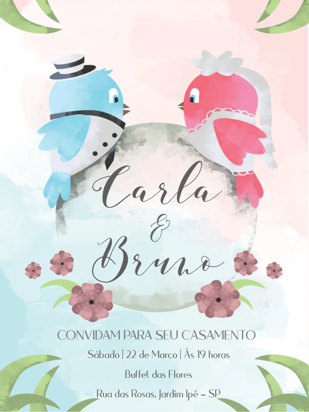 Convite de Casamento Pássaros em Aquarela para Editar Online