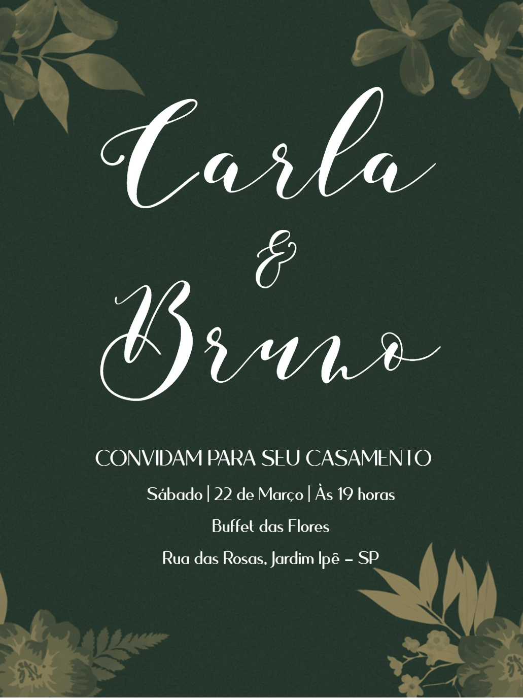 Convite de Casamento Folhagem Verde Elegante para Editar Online