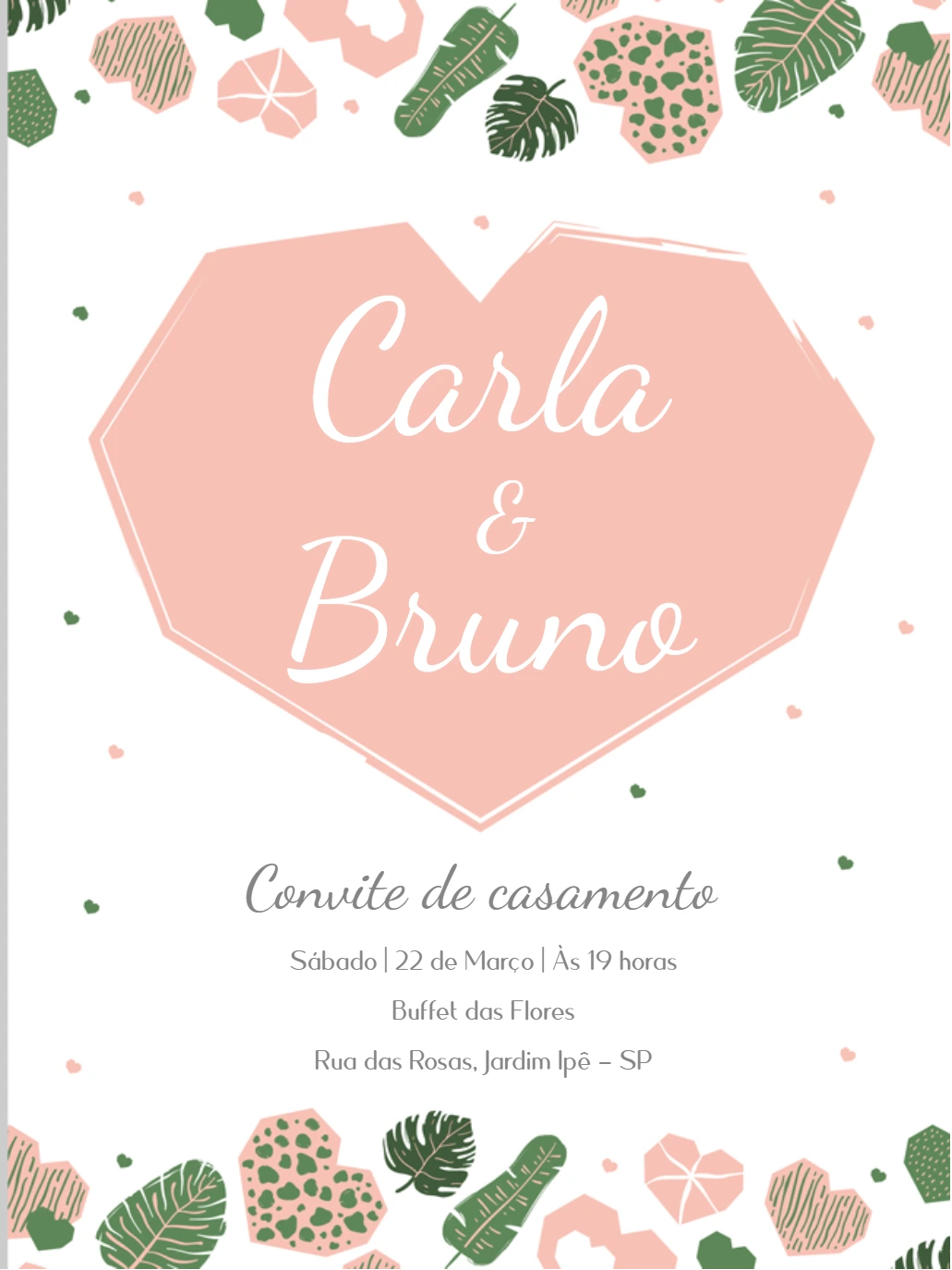 Convite de Casamento Romântico com Folhas Tropicais Editável
