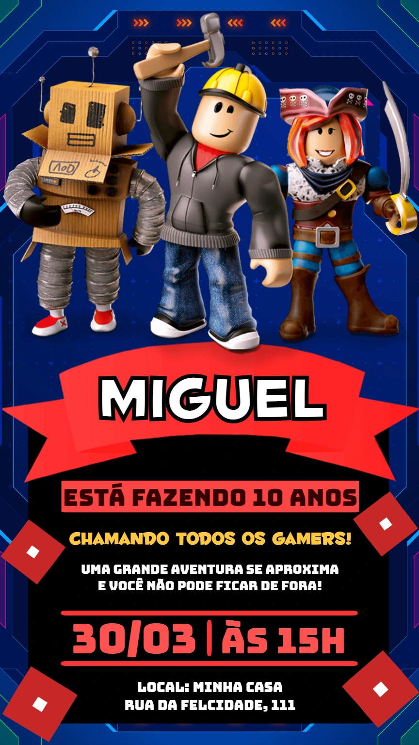 Convite de Aniversário Roblox com Personagens para Editar Online