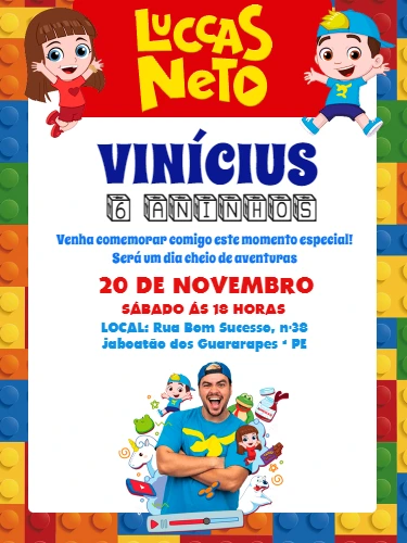 Convite de Aniversário Luccas Neto Editável para Enviar Online
