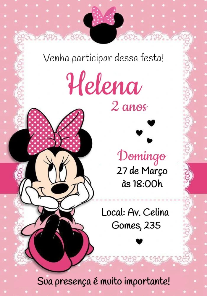 Convite Aniversário Minnie Mouse Rosa para Editar Online