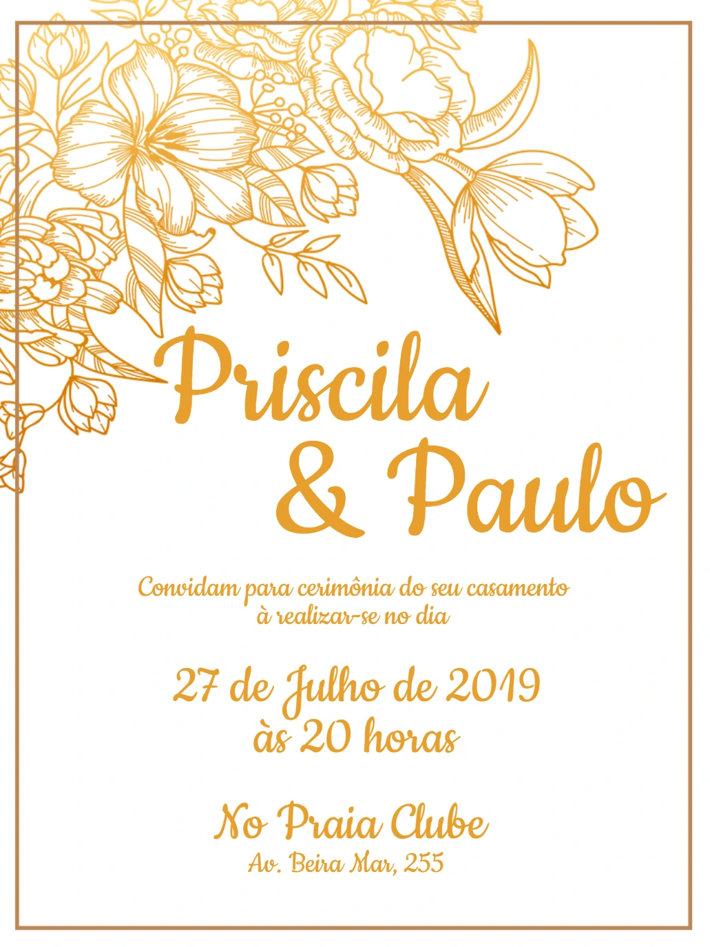 Convite de Casamento Elegante com Flores Douradas para Editar