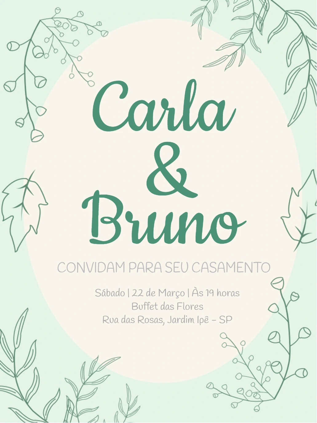 Convite de Casamento Botânico com Folhagem para Editar